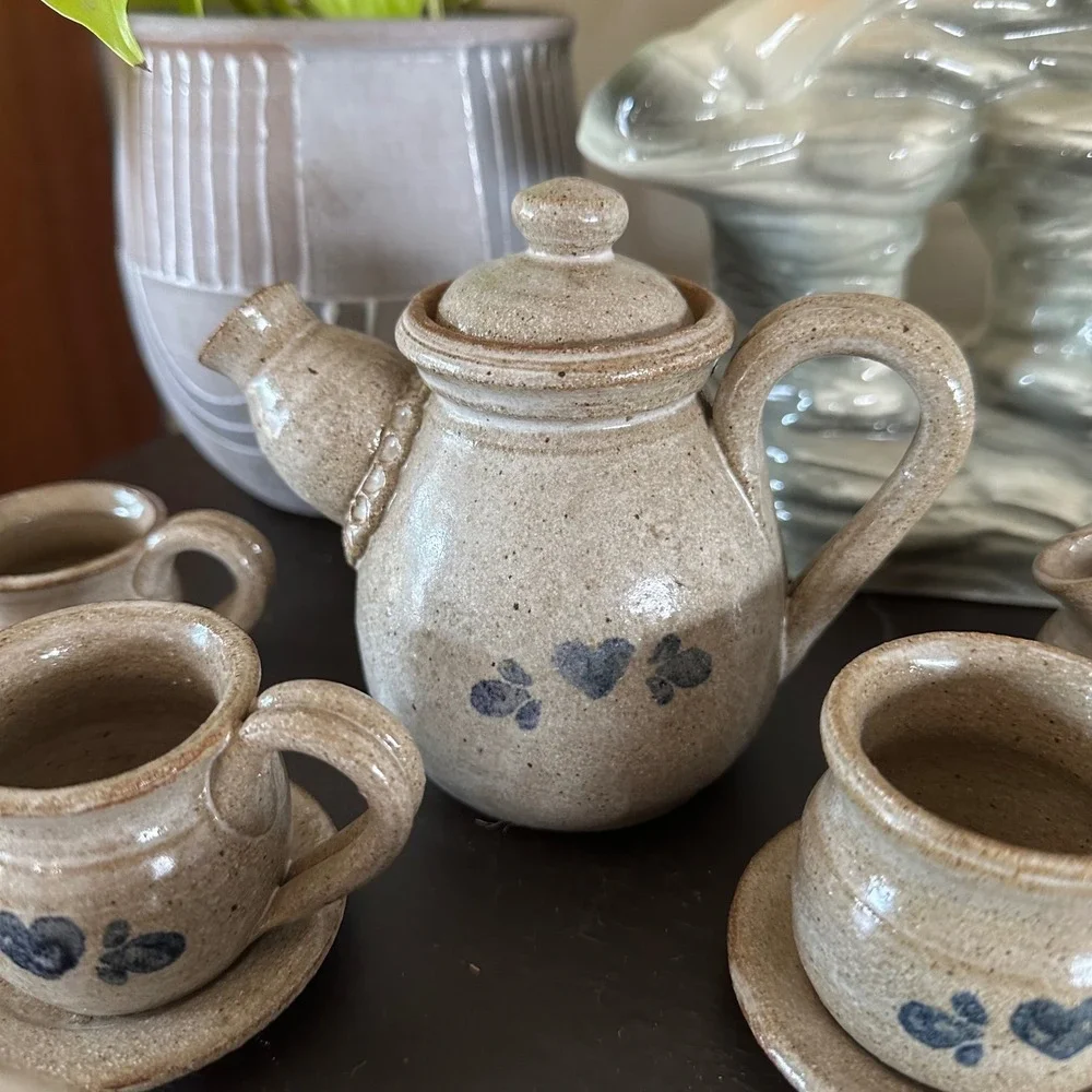 VTG Rowe Pottery Miniature Tea Set Salt Glazed Stoneware Blue Heart Cottagecore